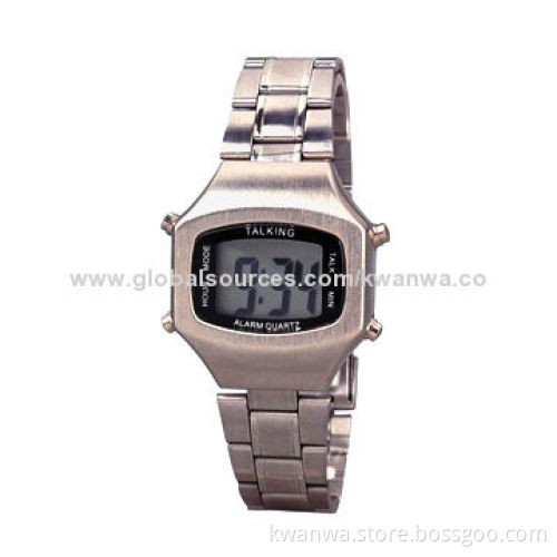 Novelty Metal Digital Talking Watch with LCD Display w/Daily Alarm Setting and Hourly Chime Function